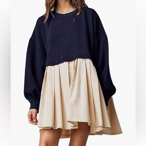 Elegant Navy and Cream Long Sleeve Dress